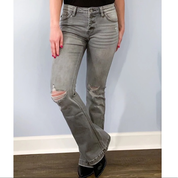 KanCan Denim - PRICE DROP Opal Light Grey Mid-Rise Flare Jeans